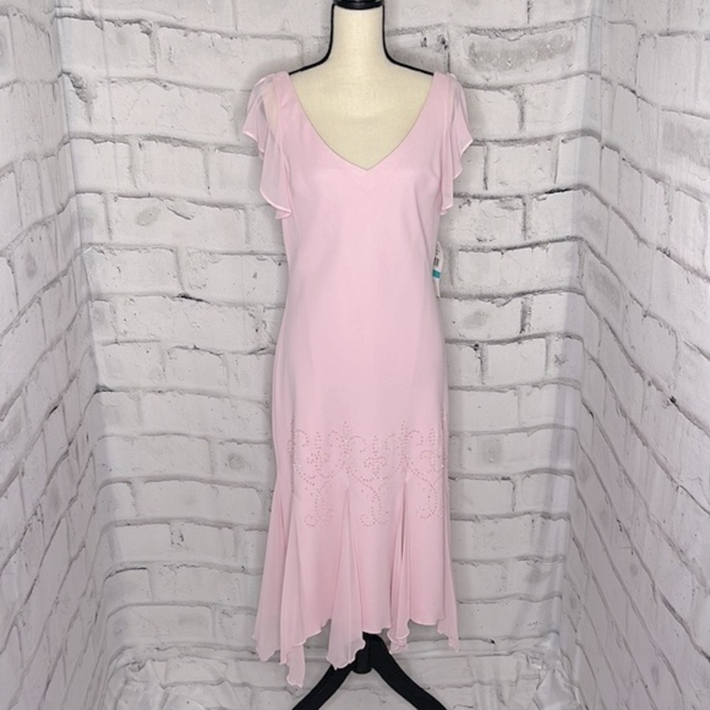 S. L. Fashions Light Pink Dress, flutter sleeves, V Neck Beaded Bottom Size 16